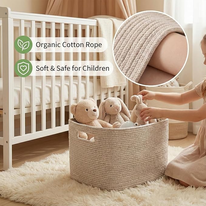 JMvicyroam 96L Large Woven Cotton Rope Blanket Basket, Oatmeal | Blanket Storage for Living Room or Bedroom Use, Freestanding with Reinforced Handles, Entire Basket is Machine Washable