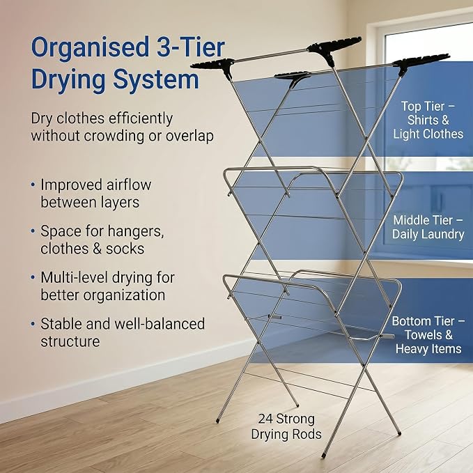 3 Tier Clothes Airer - 20m Washing Line, Foldable Laundry Rack with Heavy Duty Steel Frame, Non-Slip Feet, Corner Hanger Hooks, Space Saving Clothes Drying Rack for Indoor Outdoor Use