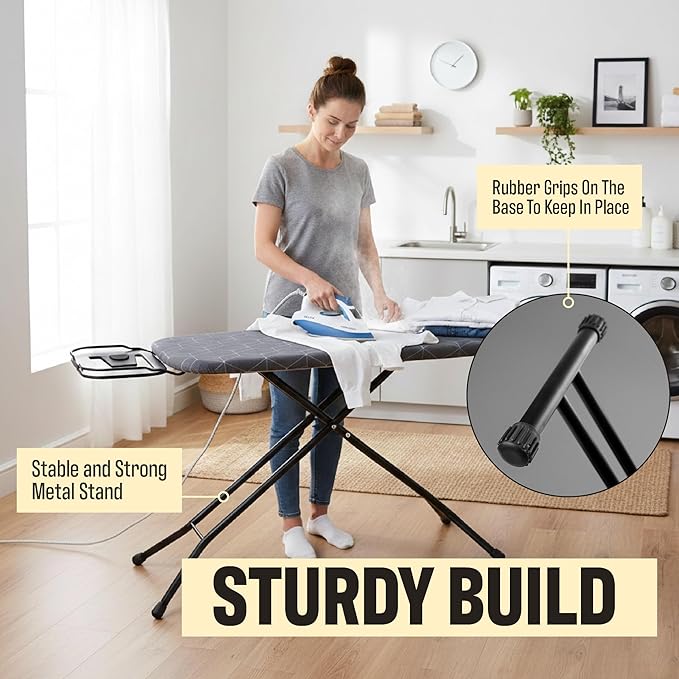 Ironing Board with Iron Rest - 45 x 13 Inch Adjustable Height Steel Mesh Board - Foldable Laundry Room Station with 2-Layer Padded Gray Hexagon Cotton Cover