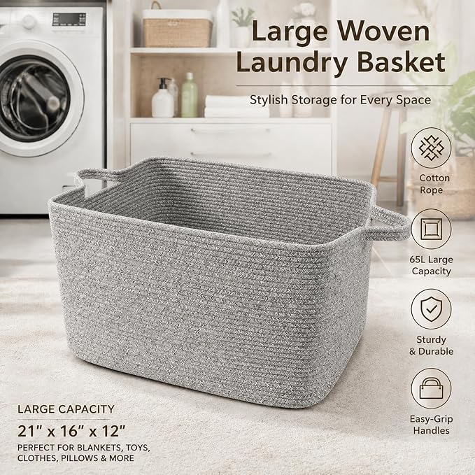 65L Large Laundry Basket with Handles, Woven Blanket Basket, Grey | 21"×16"×12" Collapsible Cotton Rope Storage Basket for Toys Clothes & Pillows, Nursery, Bathroom, Bedroom, Living Room