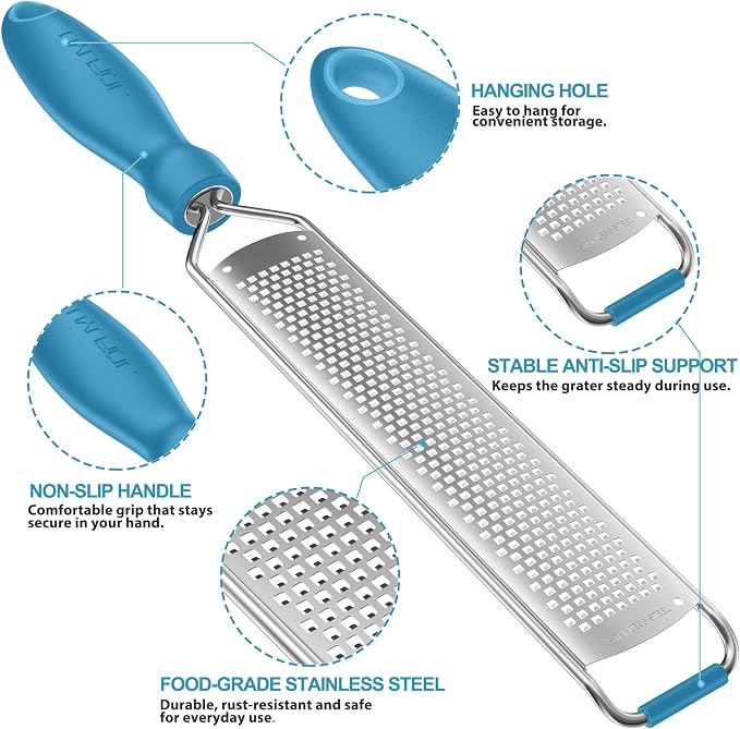 Zester Grater, Lemon Zester Grater with Handle, Premium Stainless Steel Citrus Zester for Parmesan, Garlic, Chocolate, Ginger, Non-Slip Grip, Safety Cover & Cleaning Brush, Blue