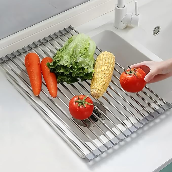 Roll Up Dish Drying Rack 17.7" x 11.8" Over The Sink Dish Drying Rack, Kitchen Dish Rack Stainless Steel Dish Drying Rack for Kitchen Sink Counter Storage (Grey)