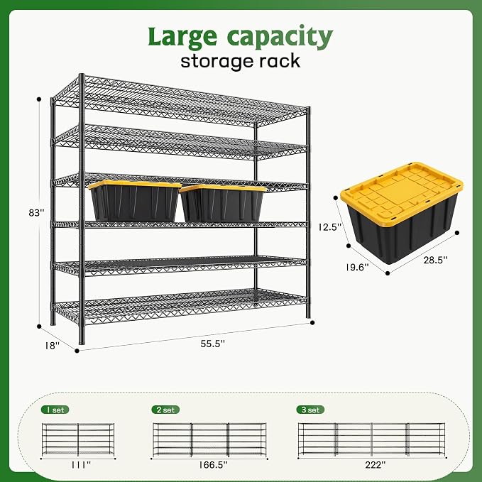 REIBII Storage Shelves, 3840LBS Heavy Duty&Adjustable Height for Basement | 55.5" W Shelf Space Saving, 6 Tier Freestanding, Powder Coated, Anti-Tipping Device, Moisture Resistant, 4-set for Garage