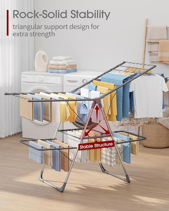Sakugi Clothes Drying Rack, Foldable 2-Level with 55.5" Adjustable Wings | Laundry Room, Bedroom, Indoor & Outdoor Use, Height Adjustable, Clothing & Bedding, 55.5" L × 22.8" W, Gray