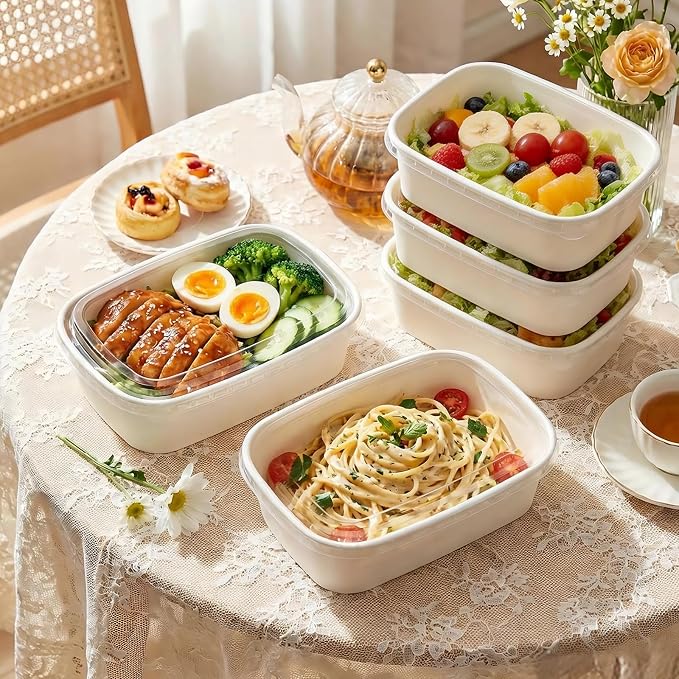 50 Pack 25 oz Paper Food Containers with Lids, Meal Prep Containers Disposable Large Paper Bowls, Microwavable and Freezer Storage Use Cardboard Food Containers (White)