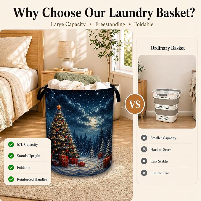 Christmas Tree Collapsible Laundry Hamper for Bedroom，Winter Night Freestanding Oxford Clothes Basket, Large Foldable Storage Bin with Easy-Carry Handles for Bathroom Dorm Laundry Room