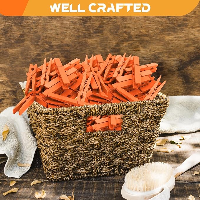 100 Pcs Orange Clothes pins - 2.9 Inch Wooden Clothespins Cheer Clips | Vibrant for Crafts Classroom Decorations Clothing Pictures Laundry Solid Wood No Splinters Fade‑Proof
