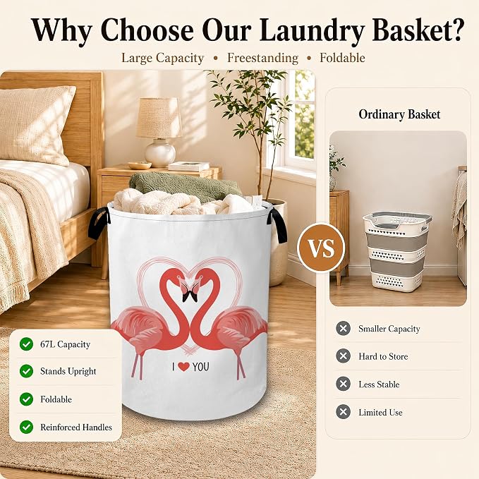 Pink Flamingo Heart Large Clothes Hamper, Portable Collapsible Laundry Basket with Handles, Freestanding Storage Bin for Bedroom Bathroom Dorm Laundry Room