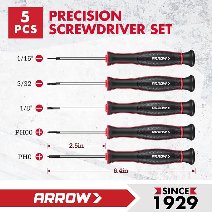 ARROW 5-Piece Precision Screwdriver Set with Pouch, Phillips, Slotted | Small Magnetic Screwdriver Set, Cr-V Steel, Non-Slip Grip, for Eyeglass, Watch, Computer, Laptop, Phone Repair