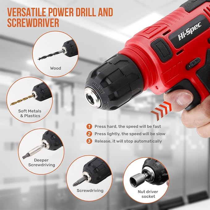 Hi-Spec Tool Set with 8V Cordless Drill Set Home Repair & Maintenance | Complete DIY Tool Kit, USB Rechargeable Electric Drill Driver, Women and Men Tool Kit, Home Repair & Maintenance, Compact