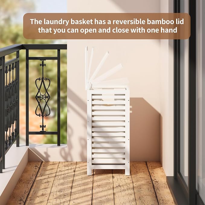 Laundry Hamper with Lid (16.9 * 13 * 26.5inches) Large Bamboo Laundry Bin Basket 85L Clothes Hamper with 1 Removable Bag Storage baskets for Bathroom (White)