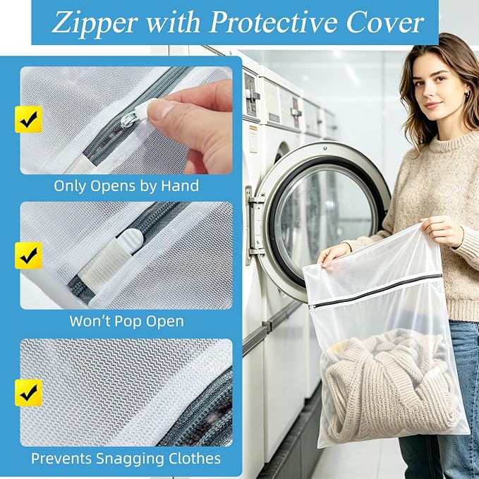 kinice Large Laundry Bag with Zipper Protective Cover, 3Pcs 23x23 Inches Garment Bag for Washing Machine, Mesh Laundry Bags for Delicates, Lingerie, Bras, Baby Clothes, Family College Dorm Essentials