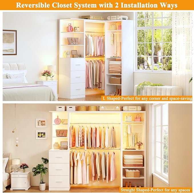 HUAHUU Large Corner Closet System with 3 Drawers and 6 Shelves, 77'' Reversible Closet Organizer System with LED Lights & 8 Jewelry Hooks, White Walk-in Closet with 3 Hanging Rods, L Shaped/Straight
