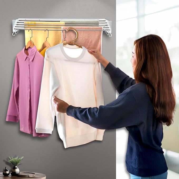 Foldable Wall Mounted Drying Rack - 31.5” Wide, 13.2 Ft Drying Space, 5 Aluminum Rods, Supports Up to 60 lbs - Retractable & Foldable Space-Saving Wall Mounted Clothes Drying Rack (White)