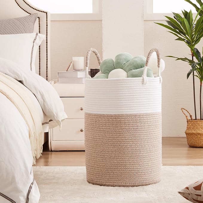 80L Extra Large Laundry Hamper Tall Woven Laundry Basket, Brown | Clothes Hamper, Blanket Basket for Living Room Bathroom Bedroom, 16"L x 16"W x 22"H