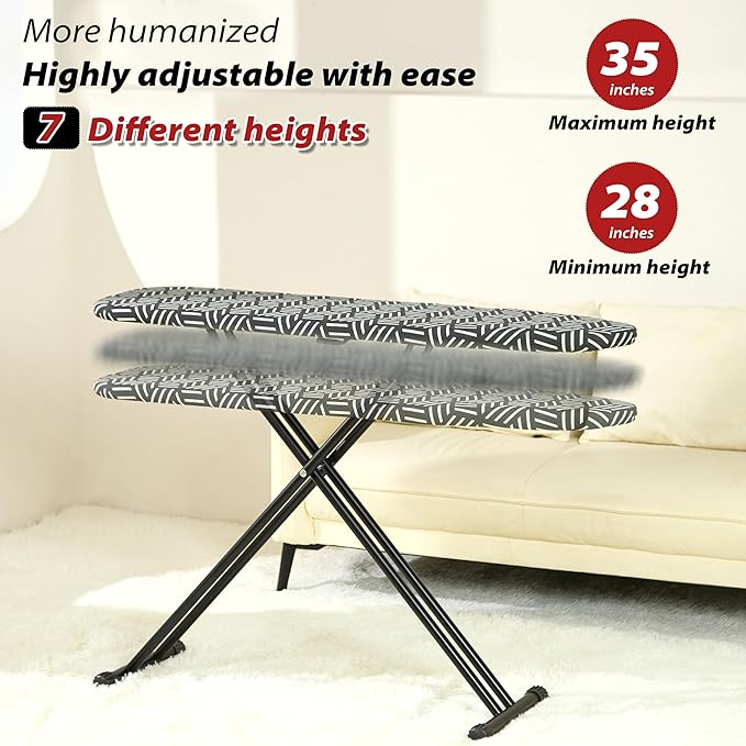 caius Ironing Board with Extra Thick Heavy Duty Padded Cover, Full Size Iron Board, Full Metal Construction, Easy to Fold, Adjustable Height (43x13in Black)