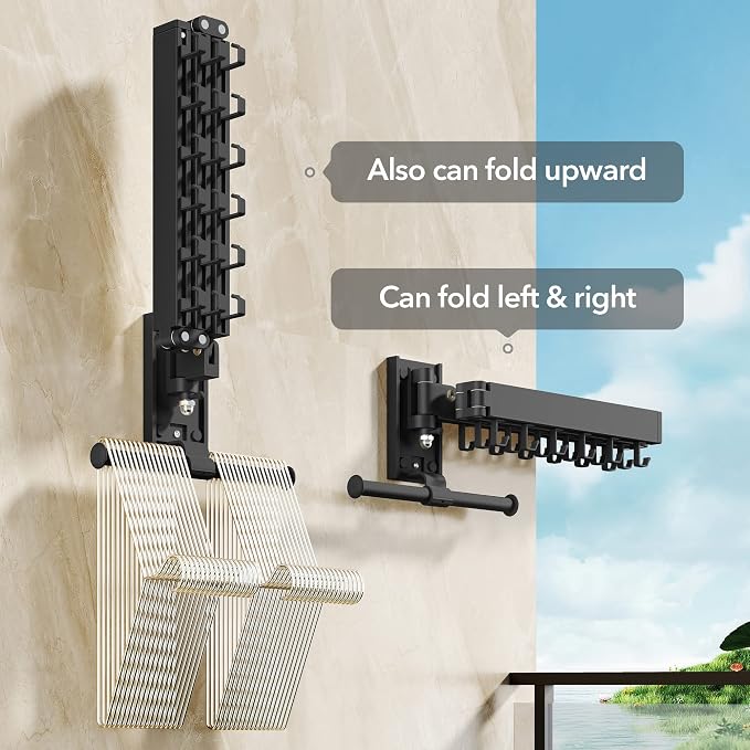 BOQORAD Drying Rack Clothing, Retractable Clothes Drying Rack,Wall Mounted Laundry Rack, Laundry Drying Rack Wall Mount,Collapsible Clothes Rack,can Fold Upward & Left & Right,Black Color