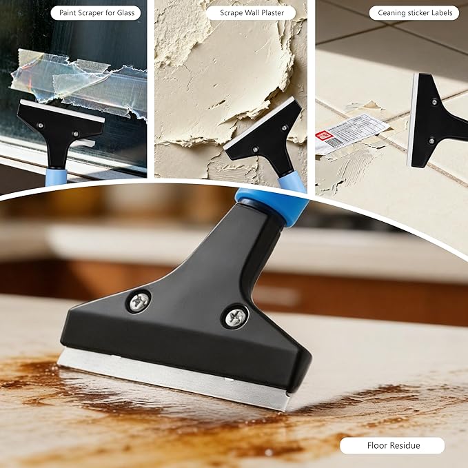 Heavy-Duty Floor Scraper with Long Handle (37''-51.5''), 4-Inch Metal Scraper Cleaning Tool, Comes with 10 Blades, Suitable for Cleaning Walls, Glass, Adhesives, Chewing Gum, and Ceilings