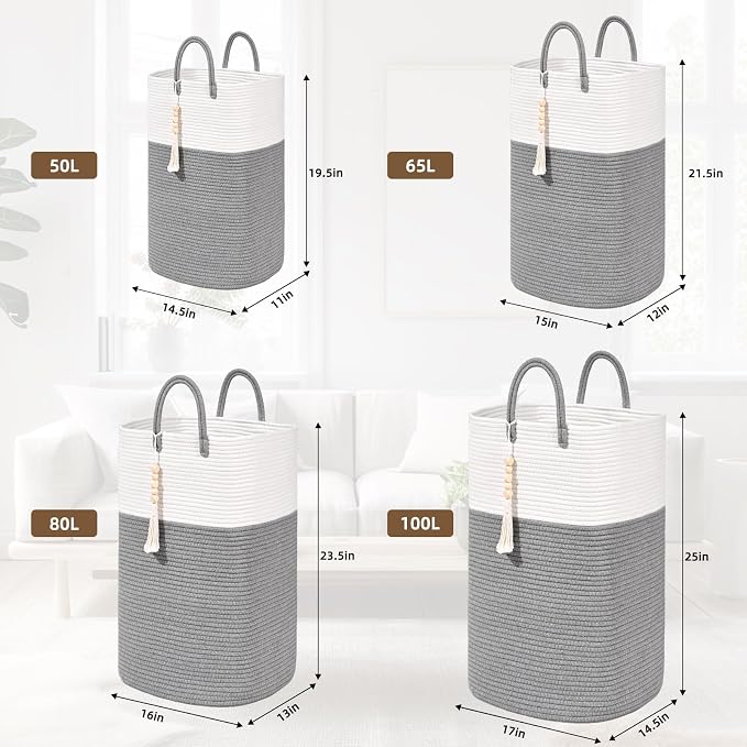 Woven Laundry Basket for Clothes, 80L Large Rectangle Laundry Hampers with Beads Tassel, Nursery Storage Basket for Toys, Tall Dirty Clothes Hamper for Bedroom Aesthetic, Laundry Room Organization