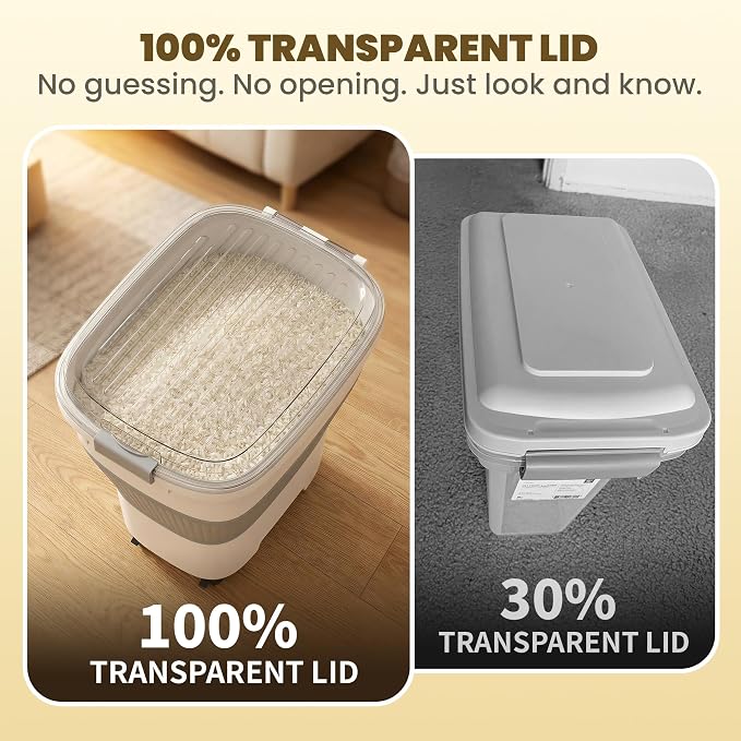 HOYTAMDAR 50Lbs Rice Container,Collapsible Food Storage Containers with Airtight Clear Lid,Wheels,Rice Storage Container with Small Bin and Scoop,Rice Dispenser for Flour Sugar Cereal Grain Dog Cat