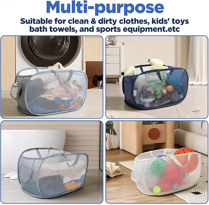 Foldable Laundry Basket Set of 4, Durable Mesh Material, Easy Carry Handles, Perfect for Home, Dorm, Travel - Beige, Navy, Black, Grey