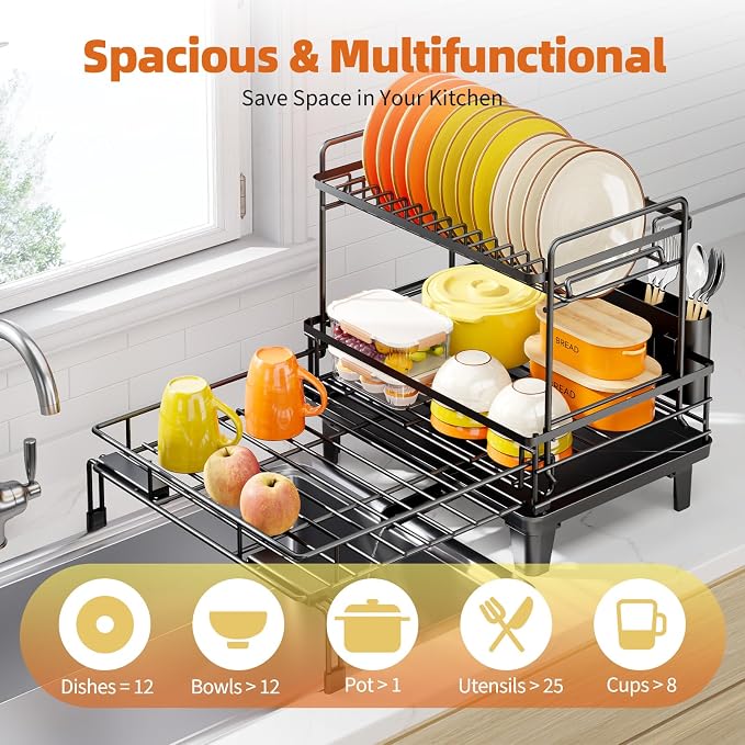 Urackify Dish Drying Rack - Large Dish Racks for Kitchen Counter, Extendable Sink Dish Drainer, Rustproof Dish Strainer with Utensil Holder, 2 Tier Black