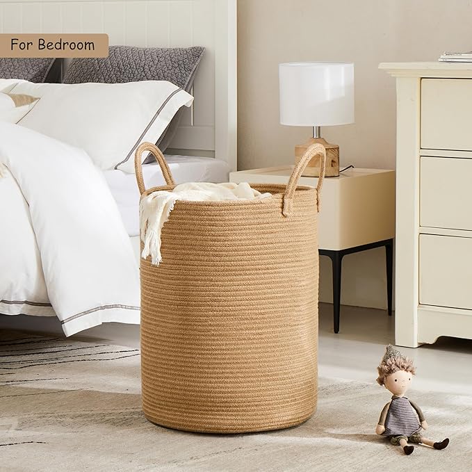 Jute Woven Hamper Laundry Basket Tall Wicker Hamper 60L Large | Rope Clothes Hamper Rattan Blanket Basket in Living Room Bedroom Baby Kids Hamper 15Dx20H Inches