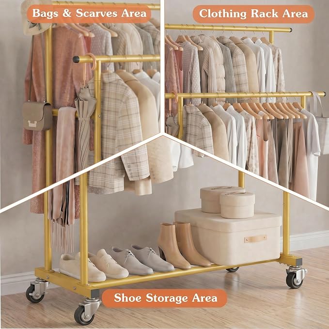 Calmootey Rolling Garment Rack with 2 Rods, Clothes Organizer for Bedroom | High-Low Rods, Two Lockable Wheels, Sturdy Metal Frame, Space-Saving, Fits Laundry, Living Room, Gold