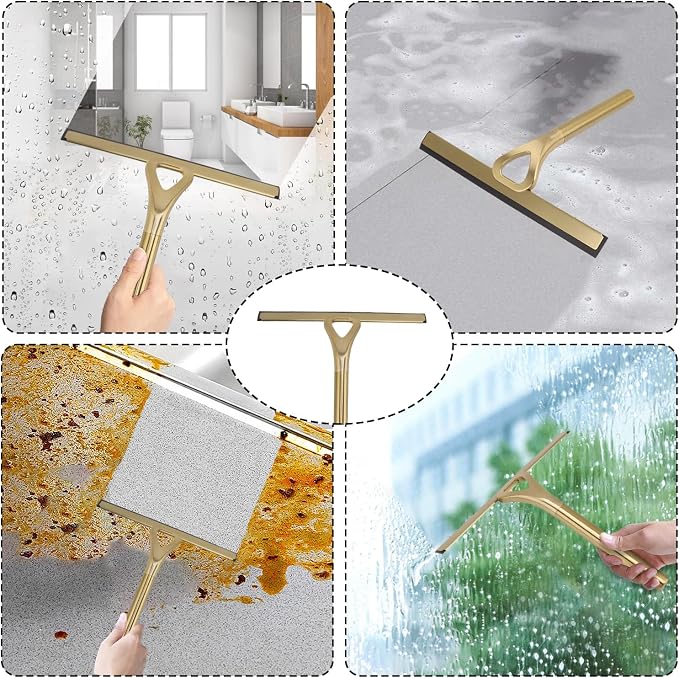8.9x8.7inch Gold Shower Squeegee Window Squeegee with Hanging Hook | Stainless Steel Glass Wiper Squeegeer Cleaning Tool for Clean Ceramic Tile,Shower Door, Mirror,Window,Car Glass,Table Top