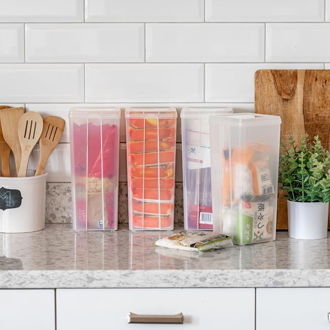 IRIS USA Vertical Storage Bins with Lids |Made in USA| Flip Top Containers for Organizing Pantry, Office, Craft, and Study Supplies - Large (4-Pack)