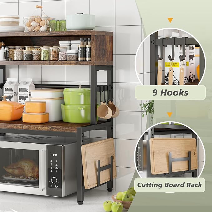 EnHomee 4-Tier Microwave Stand for Kitchen Storage, Brown | 205 lb Capacity, Adjustable Kitchen Shelves with 9 Hooks & Cutting Board Rack