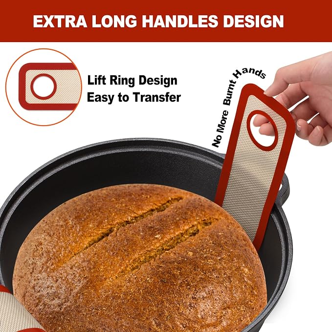 Silicone Bread Sling Oval and Round - Non-Stick & Easy Clean Reusable Oval Silicone Baking Mat for dutch oven. With Long Handles Sourdough Bread Baking mat tools supplier Liner,2 Brown Set