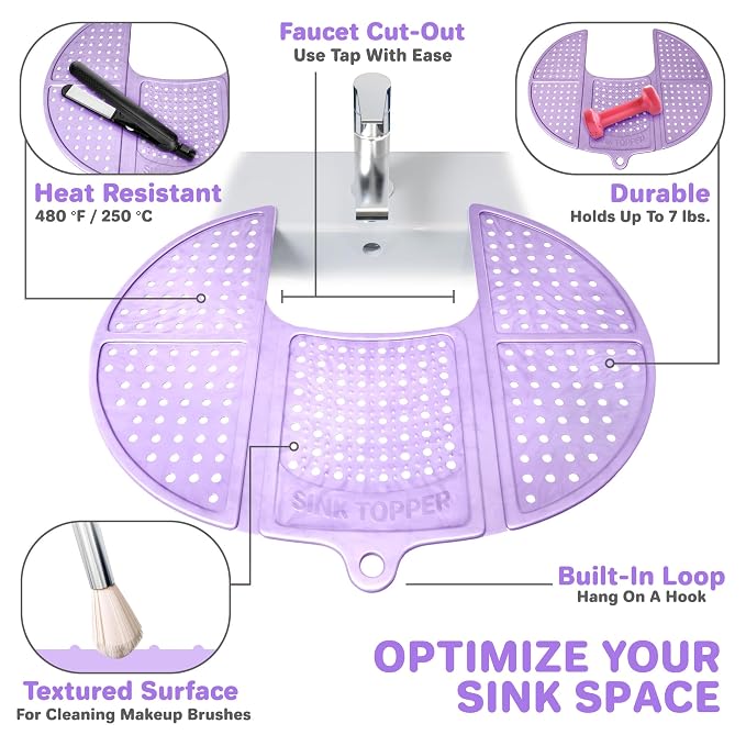Sink Topper Bathroom Sink Cover for Counter Space, Standard Lavender | Holds up to 7 lb on a steel frame; fits over basins to 19 in; 480°F silicone, hot tools; foldable makeup mat; RV, camper