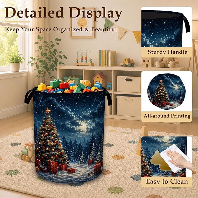Christmas Tree Collapsible Laundry Hamper for Bedroom，Winter Night Freestanding Oxford Clothes Basket, Large Foldable Storage Bin with Easy-Carry Handles for Bathroom Dorm Laundry Room