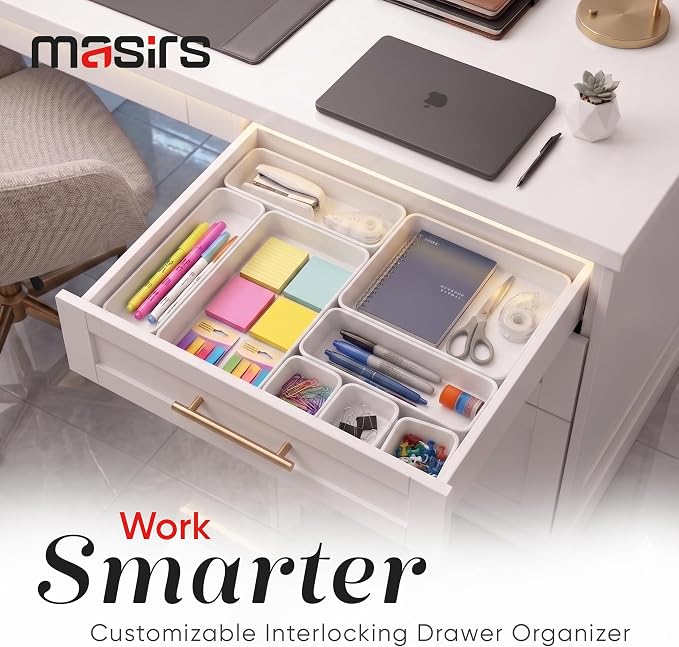 Masirs Interlocking Drawer Organizer Bins - Durable Plastic, Various Sizes for Custom Layout Design. Great for Desk Drawer, Tool Box or Garage Organization. (White | 8-Piece Set)