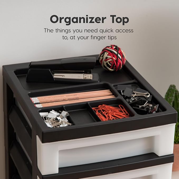 IRIS USA 10-Drawer Rolling Storage Cart, Black/Pearl | Keep craft supplies, office essentials, classroom items, and accessories organized with easy-access drawers for daily use