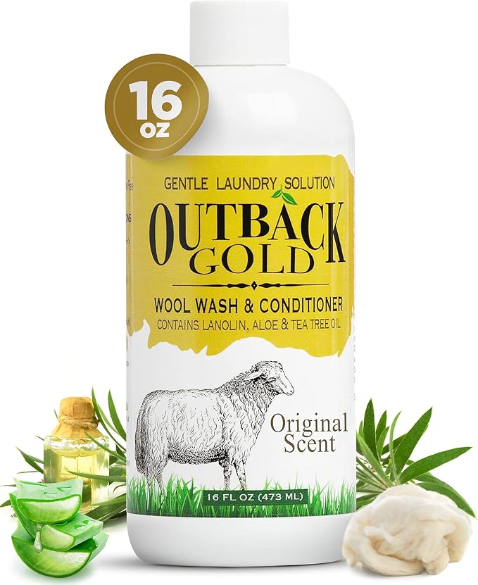 Outback Gold Wool Wash 16 oz, Original Scent, pH Neutral, Made in USA | Plant-based, pH-neutral wash for wool, cashmere, silk, sheepskin & baby items. Original floral scent, HE compatible.