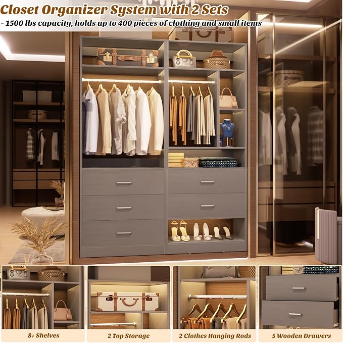 Besiost 4FT Closet Systems with 5 Wood Drawers, 48 Inch Closet Organizer System with 2 Hanging Rods & 7 Shelves, Heavy Duty 48" Walk-in Closet, Grey (48"L x 15" W x 80" H)