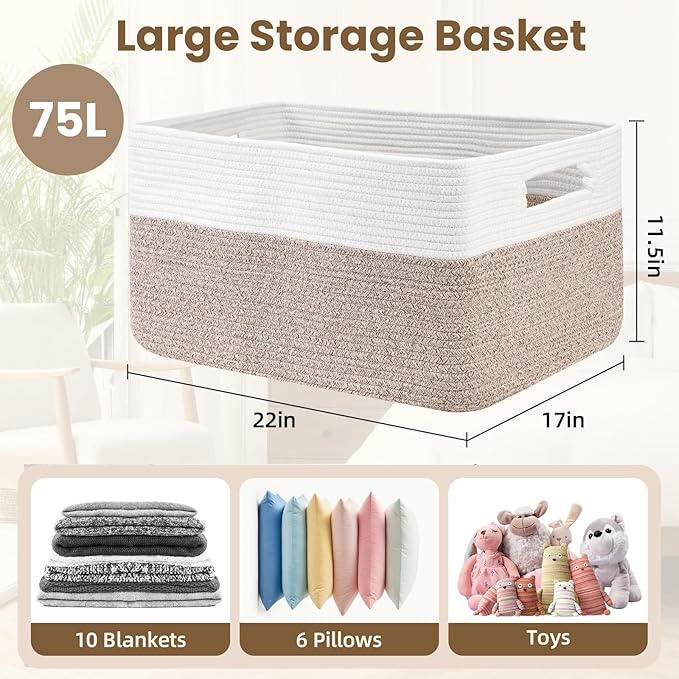 Optish 75L Large Blanket Basket, Woven Storage Baskets with Reinforced Handles, Rope Laundry Basket for Living Room, Bedroom, Nursery, Toys, Clothes,Pillows, 22” x 17” x 11.5”, White & Brown