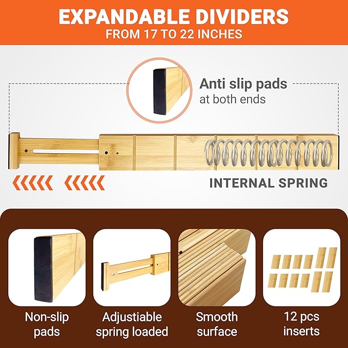 Expandable and Adjustable Bamboo Drawer Dividers with 12 Inserts, Kitchen Drawer Organizer