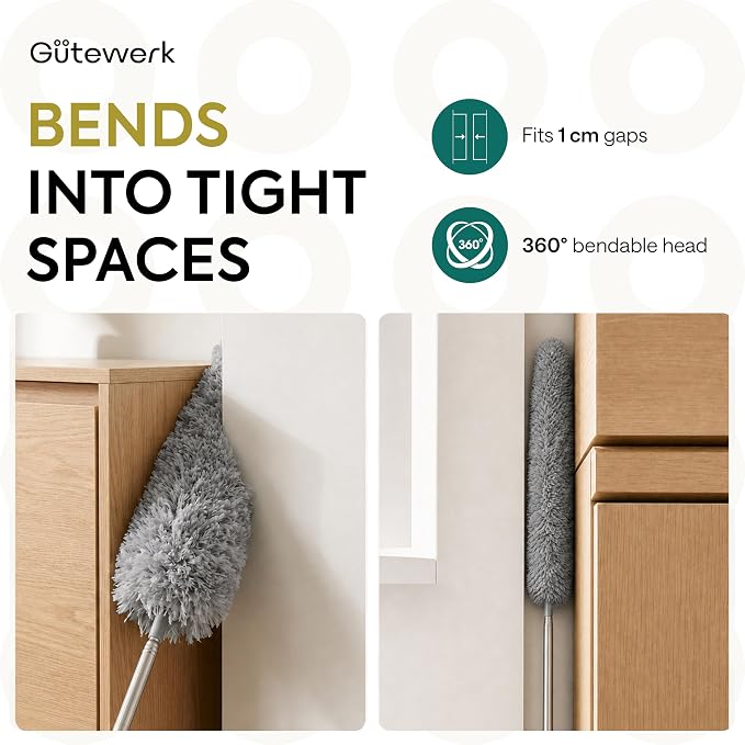 GÜTEWERK Extendable Microfiber Duster, 55 Inch - Feather Dusters for Cleaning Ceiling Fans, Blinds, Baseboards & High Ceilings - Washable, Electrostatic, 360° Bendable Head, Stainless Steel Pole