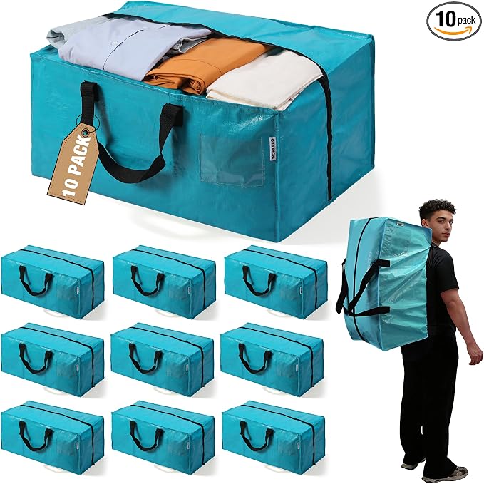 WORKPRO 10 Pack Extra Large Moving Bags with Zippers & Carrying Handles Backpack Straps, Heavy-Duty Storage Tote for Space Saving Moving Storage (Blue)