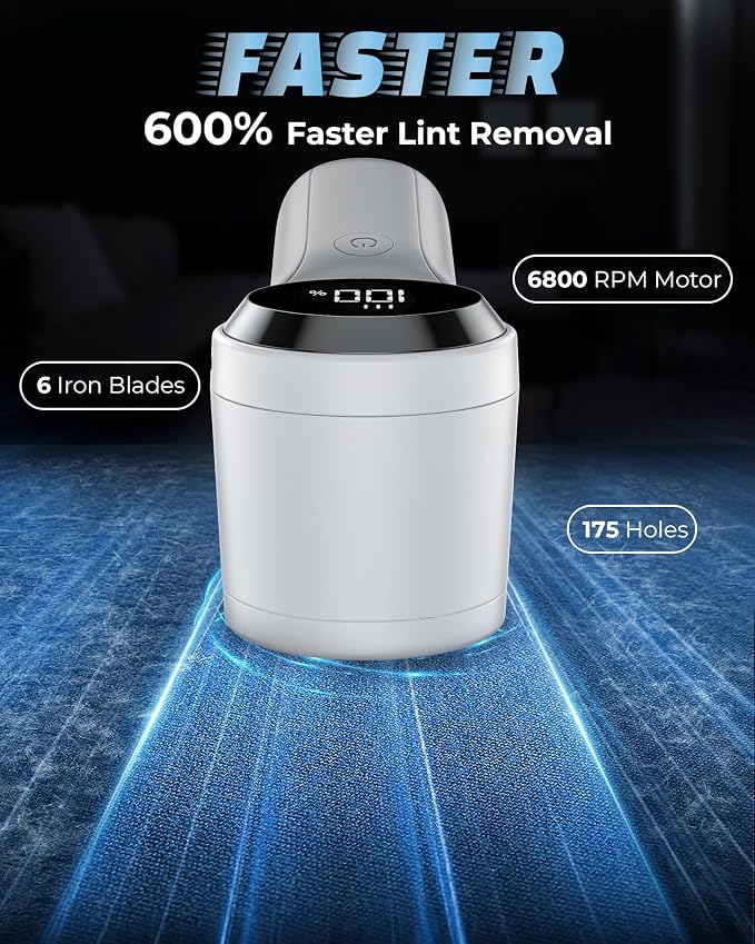 FrSara Fabric Shaver, Rechargeable Lint Remover, 3-Speed Electic Lint Shaver, 6-Blade Sweater Shavers to Remove Pilling, Battery Powered with LED Display for Furniture,Clothes, Upholstery, White