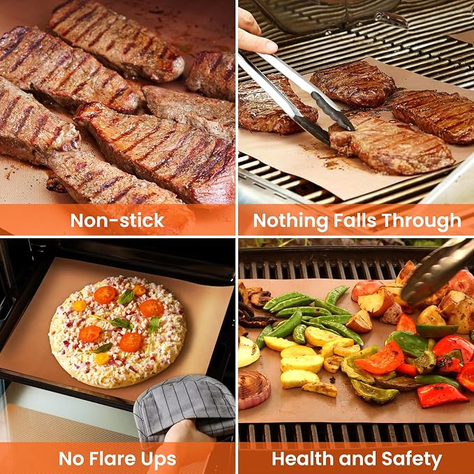 Dailyart Copper Grill Mats for Outdoor Grill, Set of 5 BBQ Grilling Mats for Outdoor Reusable & Easy to Clean & Non-Stick Copper Grill Sheets - Barbecue Grill Accessories for Gas, Charcoal, Electric