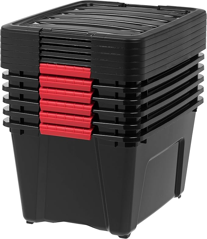 IRIS USA 32 Qt Stackable Plastic Storage Bins with Lids, 6 Pack - BPA-Free, Made in USA - Garage Organizing Solution, Latches, Durable Nestable Containers, Secure Pull Handle - Black