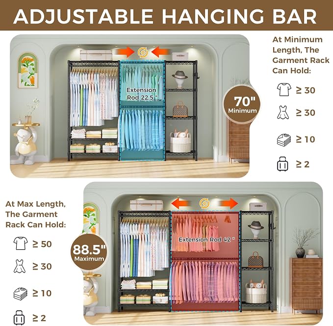 Golpart Heavy Duty Clothes Rack Metal Wardrobe with Adjustable Wire Shelves | Closet Organizers and Storage Clothing Rack Metal System Freestanding Hanging Clothes System Free Standing Garment Coat Racks