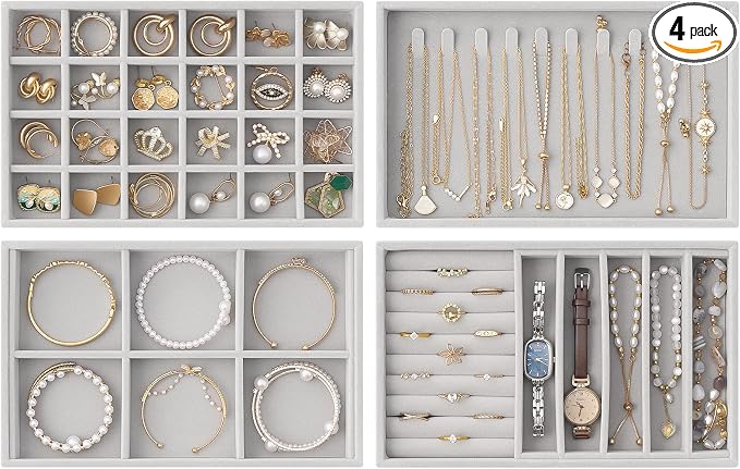 Lolalet Jewelry Drawer Organizer Inserts, Stackable Velvet Tray Jewelry Storage Organizers Set Display Cases for Necklaces Bracelets Earrings Rings Chains Bangles Watches, Grey, Set of 4