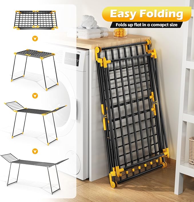 KINGRACK Clothes Airer with 2 Folding Wings, Extendable Stand Dryer Made of Tubular Steel, Variable Width 177.8-254 cm, Foldable Wing Clothes Dryer for Balcony & Indoor Use, Space Saving (Yellow, L)