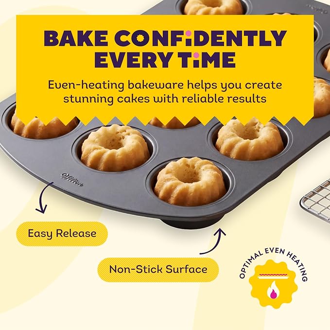 Wilton Gold Non-Stick Bakeware Mini Fluted Pan - Baking Pan for Mini Bundt Cakes, Donuts & More - Made Without PFAS & Scratch Resistant - Offers Even Heat Distribution - 16.5 x 11 Inch, 12 Cavity