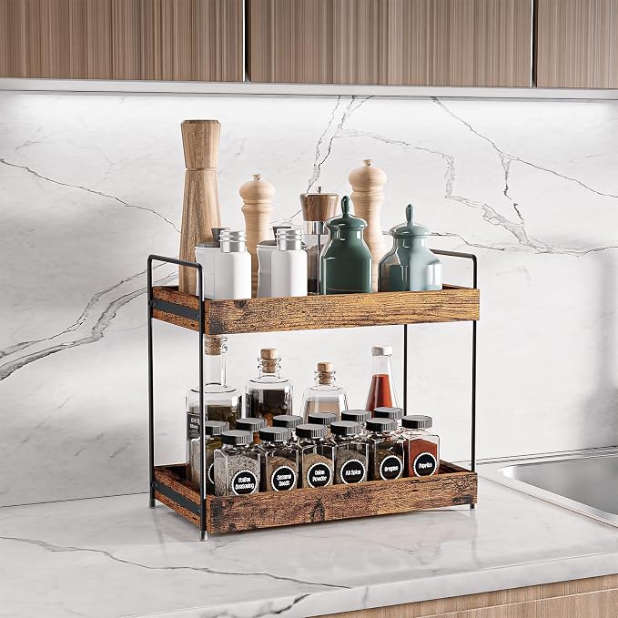2-Tier Wood Bathroom Counter Organizer, Kitchen Spice Rack | Multi-Use Storage Shelf, Holds Toiletries, Cosmetics, Perfume And Seasoning, Fits Vanity And Countertops